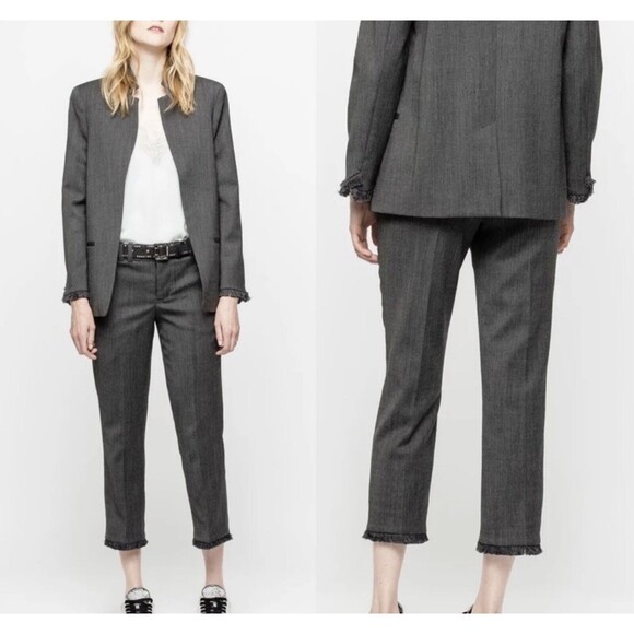 Zadig & Voltaire Trouser Women Size 40 US L Gray Posh Fringe Ankle Button Fly - Picture 6 of 14